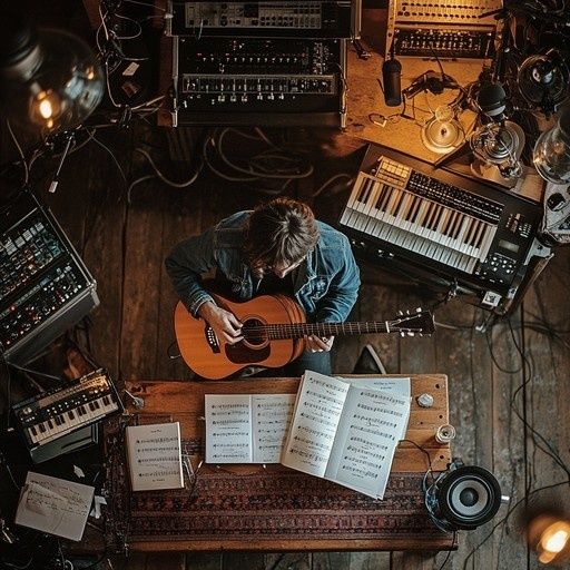 Musician playing guitar amid keyboards, recording gear, and sheet music