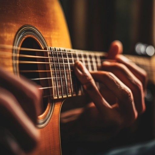 Close-up of hands forming chords on a warmly lit acoustic guitar