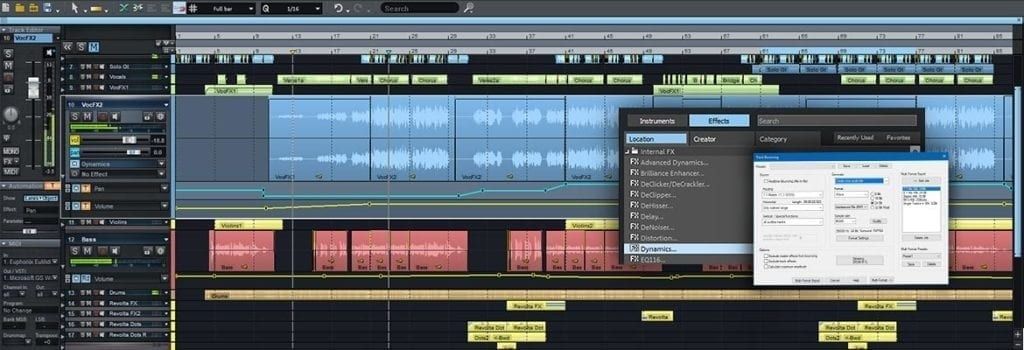 Digital audio workstation showing multitrack mixing and an effects window